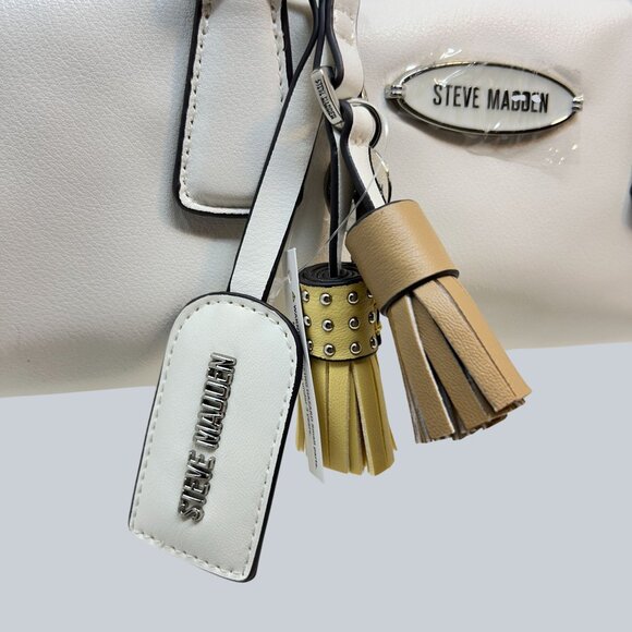 Steve Madden White Barrel Satchel Shoulder Bag Tassel Charm New With Tags - Picture 3 of 9